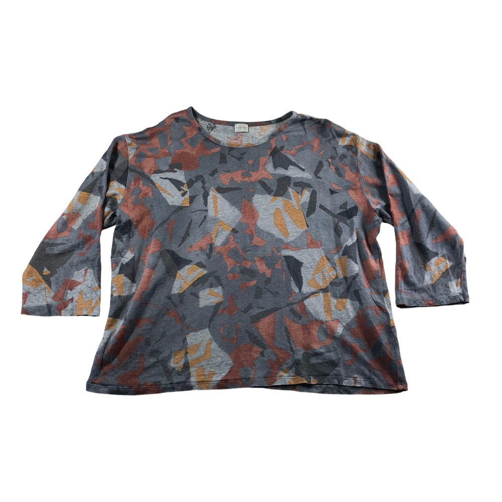 Poetry 100% Linen Abstract Geometric Print Boxy Top Grey Rust US 12 UB88